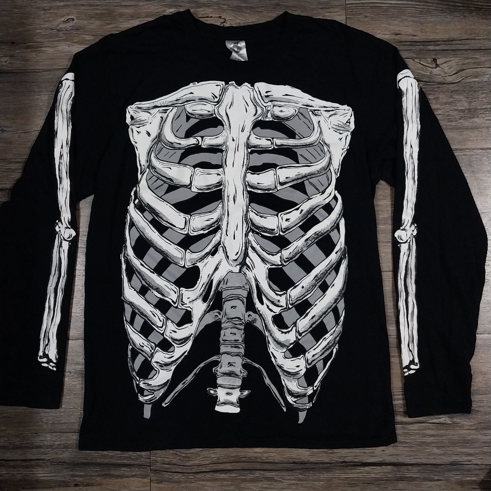 Spirit Halloween Graphic T Shirt Adult L Black White Skeleton Long Sleeve Costum